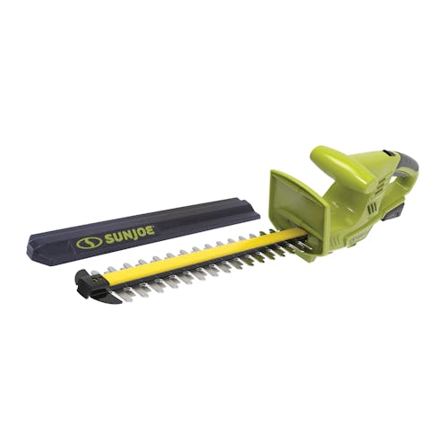 Sun Joe 24-volt Cordless 18-inch hedge trimmer with blade cover.