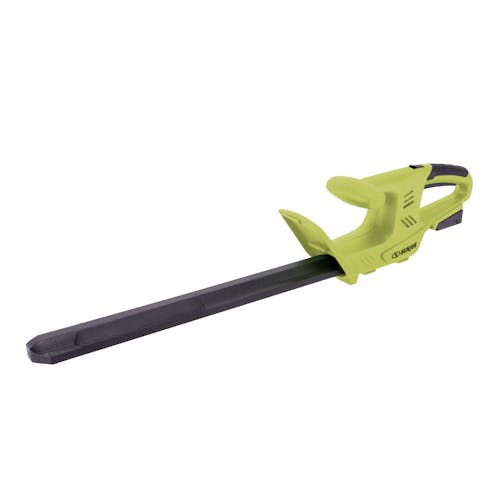 Sun Joe 24-volt Cordless 18-inch hedge trimmer with blade cover on.