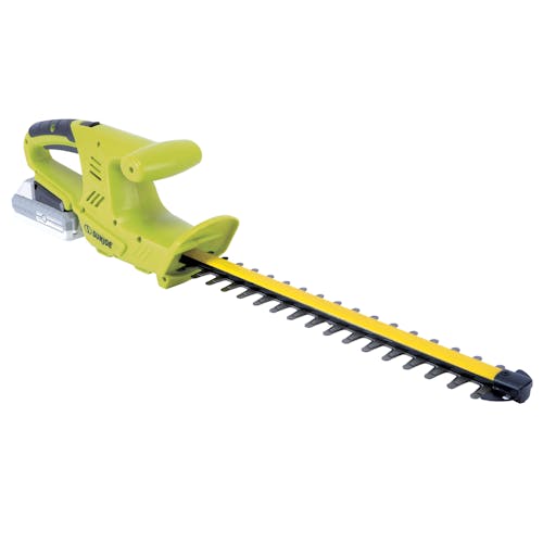 Angled view of the Sun Joe 24-volt 18-inch cordless hedge trimmer with a 2.0-Ah lithium-ion battery attached.