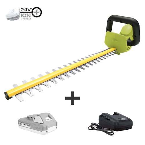 Sun Joe 24-volt 22-inch cordless hedge trimmer plus a 2.0-Ah lithium-ion battery and quick charger.