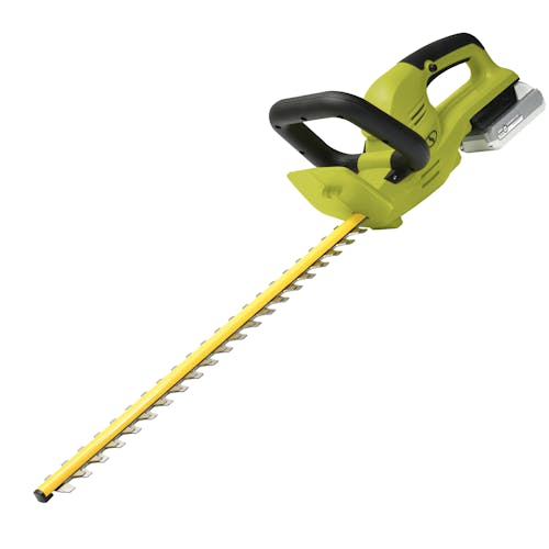 Side view of the Sun Joe 24-volt 22-inch cordless hedge trimmer with a 2.0-Ah lithium-ion battery attached.