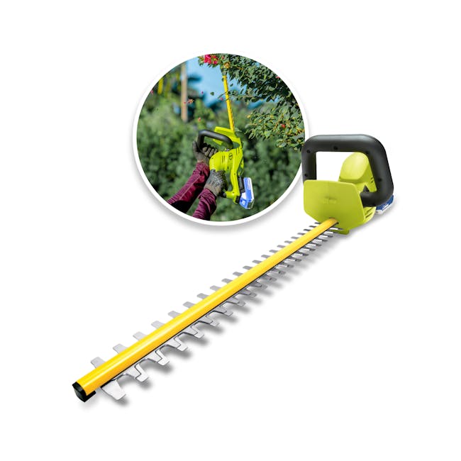 Sun Joe 22-Inch Hedge trimmer with inset image of product in use
