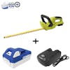 Sun Joe 24-Volt 22-inch cordless hedge trimmer plus a 4.0-Ah lithium-ion battery and quick charger.