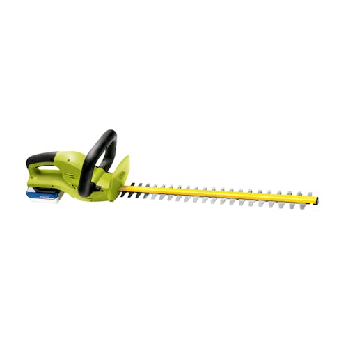 Side view of the Sun Joe 24-Volt 22-inch cordless hedge trimmer with a 4.0-Ah lithium-ion battery attached.