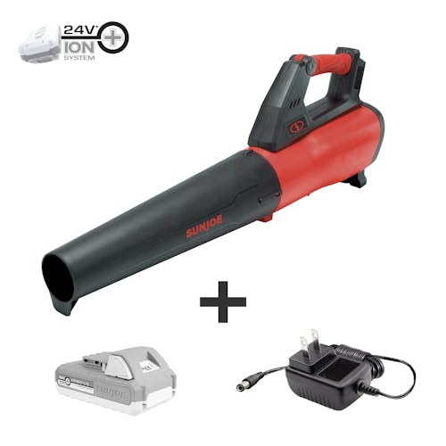 Sun Joe 24-Volt Cordless Red Jet Leaf Blower plus a 2.0-Ah lithium-ion battery and charger.