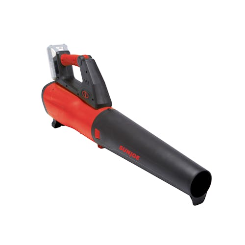 Left-angled view of the Sun Joe 24-Volt Cordless Red Jet Leaf Blower.