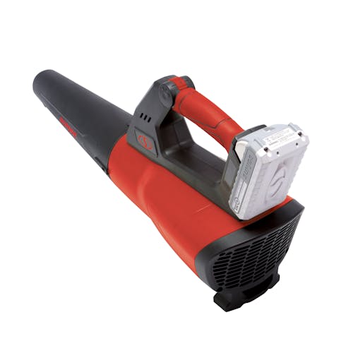 Back-angled view of the Sun Joe 24-Volt Cordless Red Jet Leaf Blower.