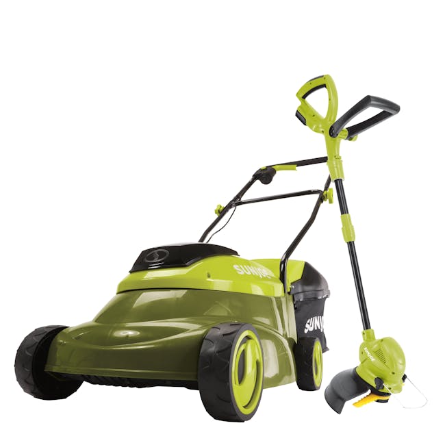 Sun Joe 24-Volt Cordless 14-inch Lawn Mower and 10-inch Stringless Grass Trimmer.