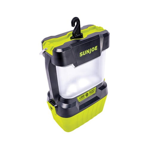 Top-angled view of a turned on Sun Joe 24-Volt Cordless LED Lantern.