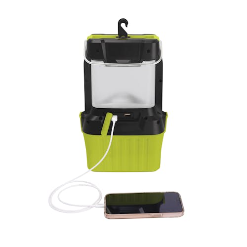 Sun Joe 24-Volt Cordless LED Lantern charging a cell phone.