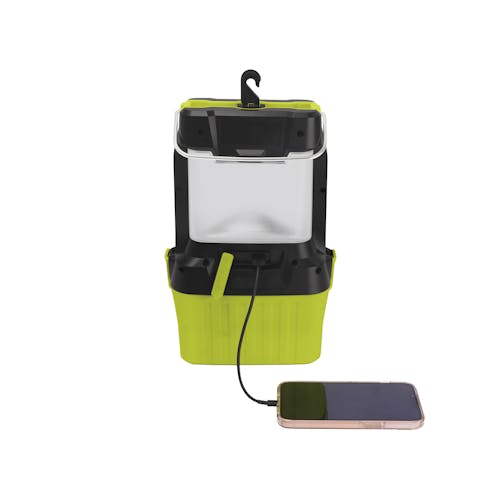 Sun Joe 24-Volt Cordless LED Lantern charging a cell phone from a USB port.
