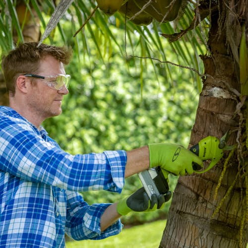 Man using the Sun Joe 24-volt Cordless Handheld and Long-Reach Pruner and Lopper without the pole to cut small twigs off a tree.