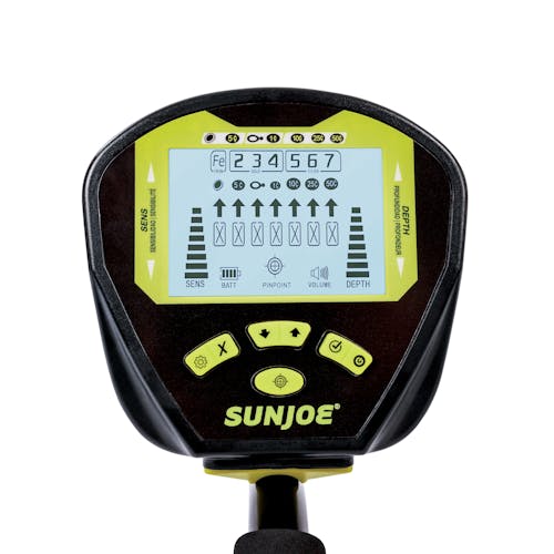 Close-up of the digital screen on the Sun Joe 24-volt cordless 10-inch metal detector with storage bag, folding shovel, and shovel pouch.