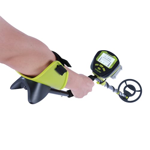 Top-view of the Sun Joe 24-volt cordless 10-inch metal detector with a persons arm in the arm rest.