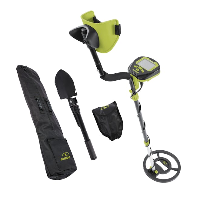 Sun Joe 24-volt cordless 10-inch metal detector with storage bag, folding shovel, and shovel pouch.