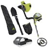 Sun Joe 24-volt cordless 10-inch metal detector with a 1.3-Ah lithium-ion battery, storage bag, folding shovel, and shovel pouch.