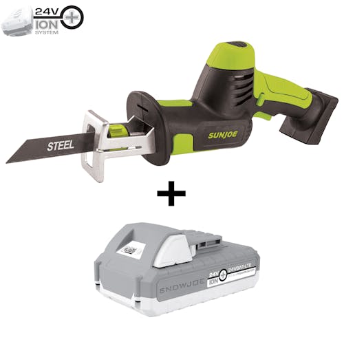 Sun Joe 24-volt Cordless All-Purpose Reciprocating Saw Kit with a 2.0-Ah lithium-ion battery.