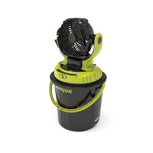 Sun Joe 24-volt cordless indoor and outdoor misting fan kit on top of the Xl 6-gallon bucket.