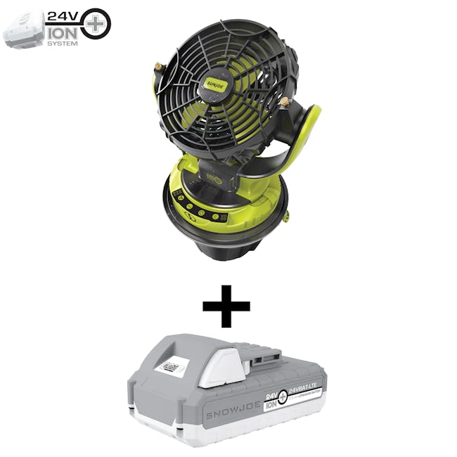 Sun Joe 24-volt cordless indoor and outdoor misting fan kit plus a 2.0-Ah lithium-ion battery.