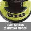 3 air speeds and 2 misting modes.