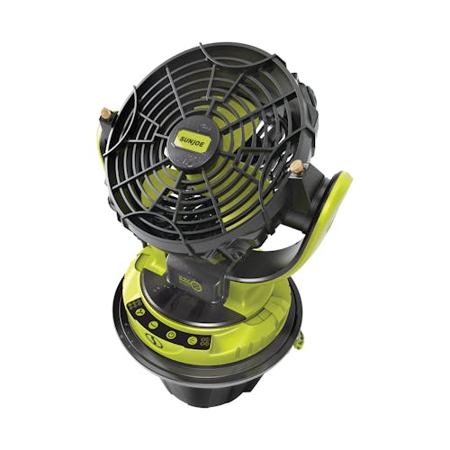 Top view of the Sun Joe 24-volt cordless indoor and outdoor misting fan kit on top of the Xl 6-gallon bucket.