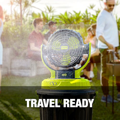 Sun Joe 24-Votl cordless mist fan kit spraying water and declaring it is travel ready.