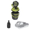 Sun Joe 24-volt cordless indoor and outdoor misting fan kit with a 2.0-Ah lithium-ion battery, 6-gallon bucket, and water suction tool.