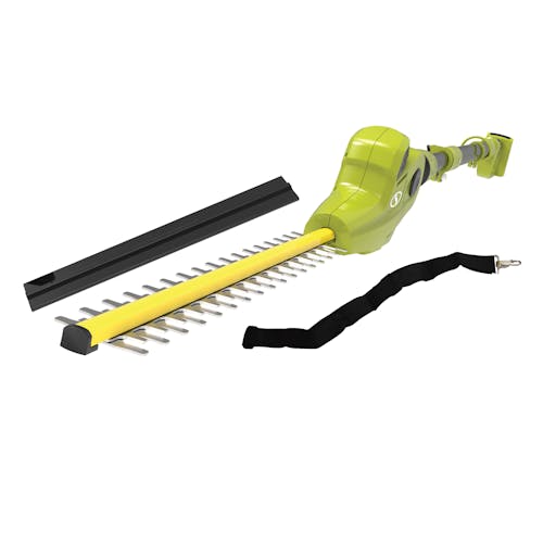 Sun Joe 24-volt cordless 17-inch pole hedge trimmer with blade cover and strap.