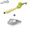 Sun Joe 24-volt cordless 17-inch pole hedge trimmer plus a 2.0-Ah lithium-ion battery.