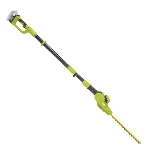 Side view of the Sun Joe 24-volt cordless 17-inch pole hedge trimmer with a 2.0-Ah lithium-ion battery attached.