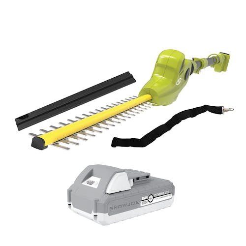Sun Joe 24-volt cordless 17-inch pole hedge trimmer with a blade cover, shoulder strap, and 2.0-Ah lithium-ion battery.