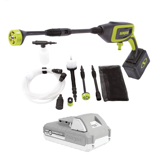 Sun Joe 24-Volt Cordless Power Cleaner with brush, hose, extension wand, garden hose adapter, mesh carry bag, foam cannon, and a 2.0 lithium battery.