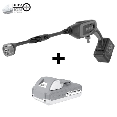Sun Joe 24-Volt Cordless Power Cleaner in a gray color plus a 2.0-Ah lithium battery.
