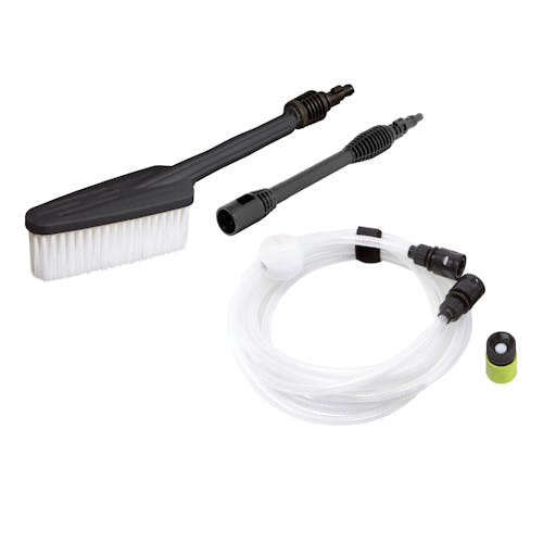 Sun Joe Cordless Power Cleaner Accessories include a brush, hose, extension wand, and garden hose adapter.