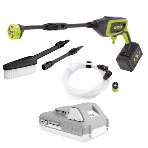 Sun Joe 24-Volt Cordless Power Cleaner with hose, brush, 2.0-Ah lithium-ion battery, and more.