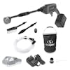 Sun Joe 24-Volt Cordless Power Cleaner in a gray color, 2.0 battery, brush, extension wand, hose, water bucket, charger, and adapters.