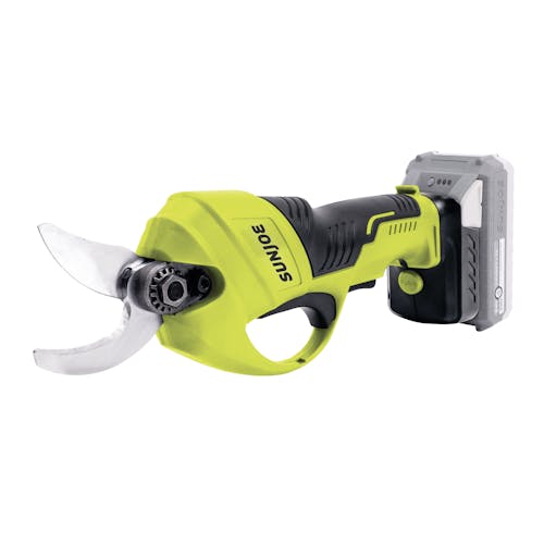 Angled view of the Sun Joe Cordless Handheld Pruning Shears with a 2.0-Ah battery attached.