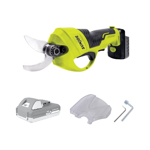 Cordless handheld pruning shears with a battery, blade cover, hex key, and socket wrench.