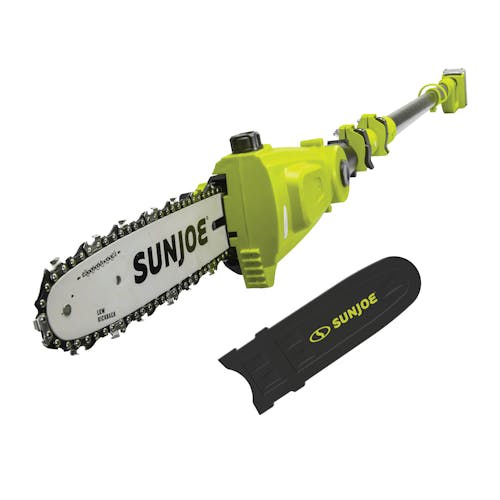 Sun Joe 24-volt cordless telescoping pole 10-inch chainsaw with blade cover.