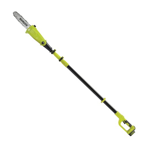 Side view of the Sun Joe 24-volt cordless telescoping pole 10-inch chainsaw.