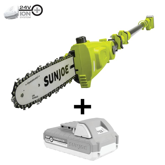 Sun Joe 24-volt cordless telescoping pole 10-inch chainsaw plus a 2.0-Ah lithium-ion battery.