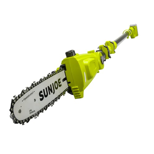 Front-angled view of the Sun Joe 24-volt cordless telescoping pole 10-inch chainsaw with a 2.0-Ah lithium-ion battery attached.