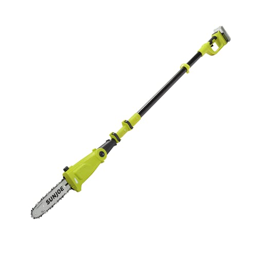 Sun Joe 24-volt cordless telescoping pole 10-inch chainsaw with a 2.0-Ah lithium-ion battery attached.