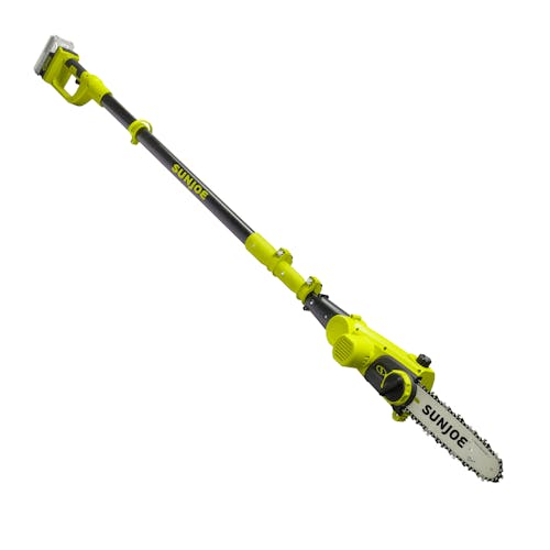 Angled view of the Sun Joe 24-volt cordless telescoping pole 10-inch chainsaw.