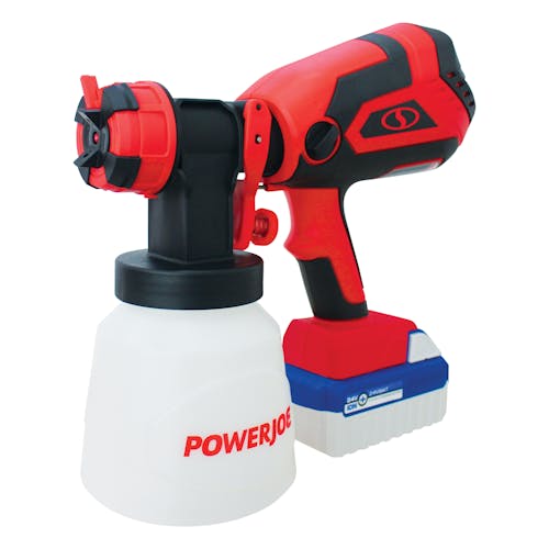 Sun Joe 24-volt cordless paint sprayer kit with a 4.0-Ah lithium-ion battery attached.