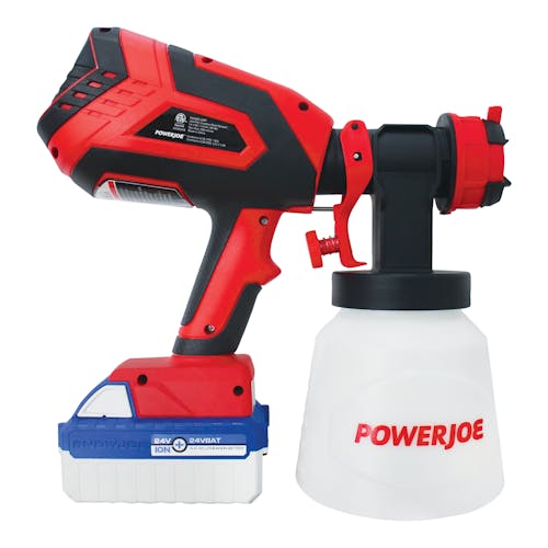 Side view of the Sun Joe 24-volt cordless paint sprayer kit with a 4.0-Ah lithium-ion battery attached.