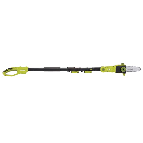 Side view of the Sun Joe 24-volt cordless telescoping pole 8-inch chainsaw.