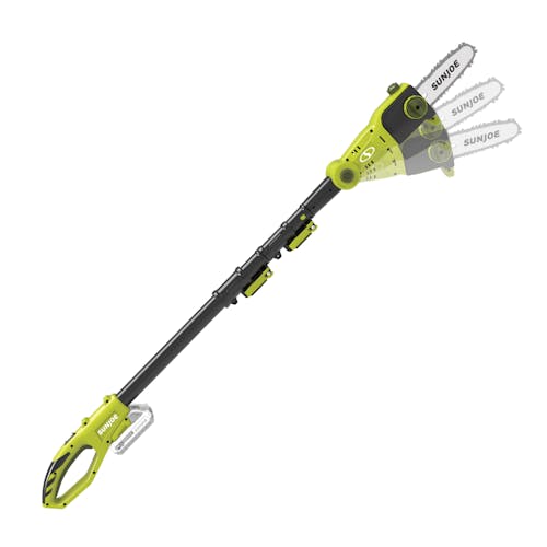 Side view of the Sun Joe 24-volt cordless telescoping pole 8-inch chainsaw showing the adjustable head.