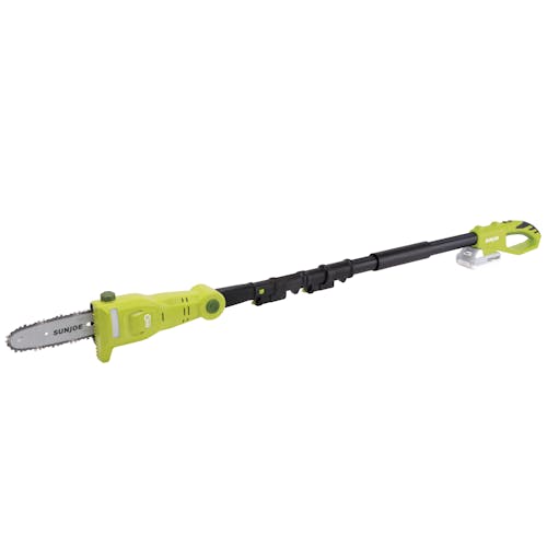 Side view of the Sun Joe 24-volt cordless telescoping pole 8-inch chainsaw.