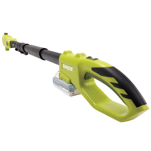 Rear-angled view of the Sun Joe 24-volt cordless telescoping pole 8-inch chainsaw.